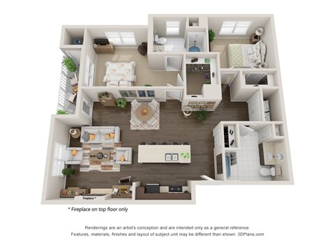 A 3D floor plan of a house with a living room, kitchen, and two bedrooms.